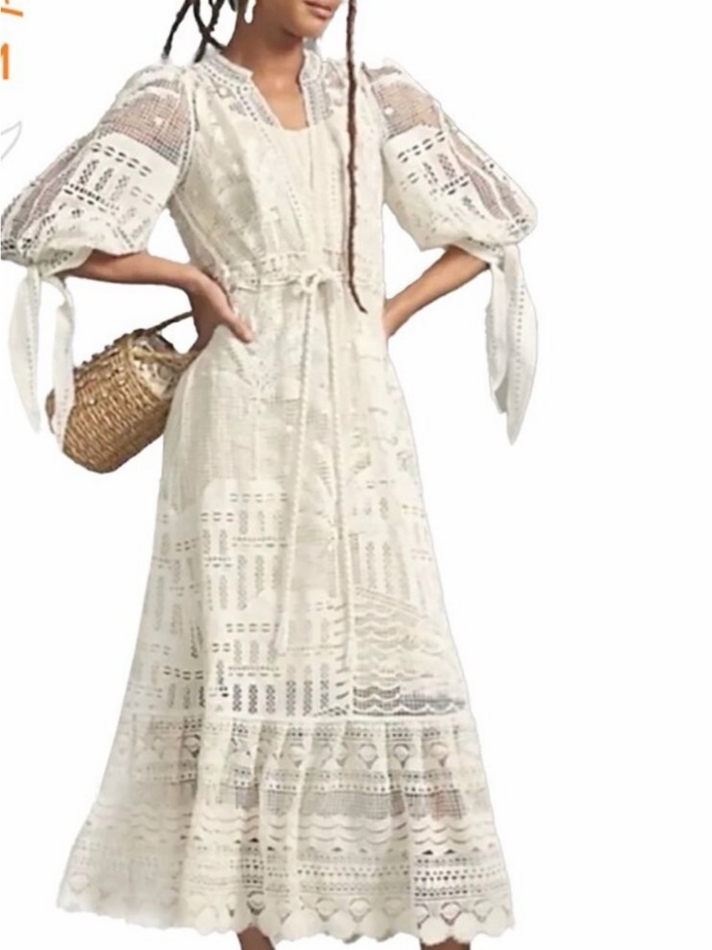 FARM Rio Morada Boa Cream Lace Tie-Waist Maxi Dress